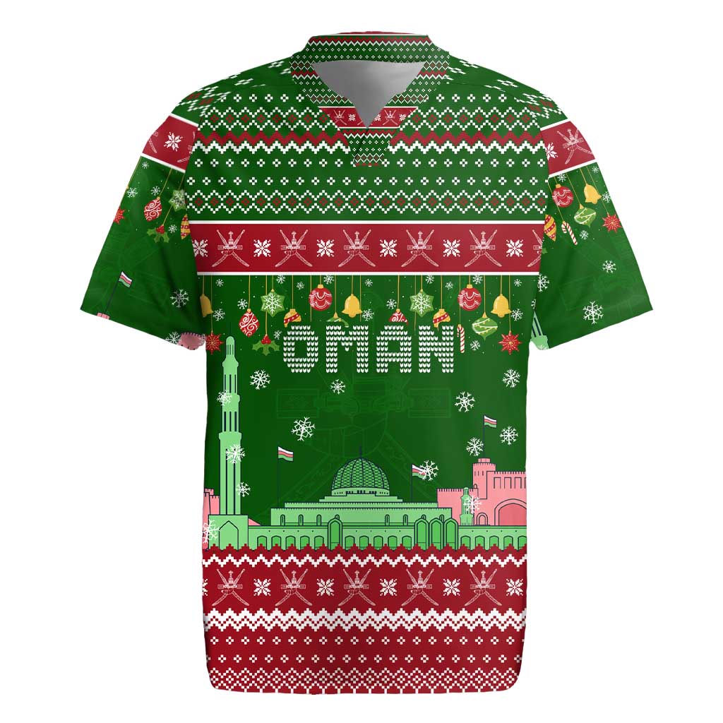 Oman Christmas Rugby Jersey with Green-Red Pattern, Mosque and Fort Landmarks, and Festive Ornament Motif - Wonder Print Shop