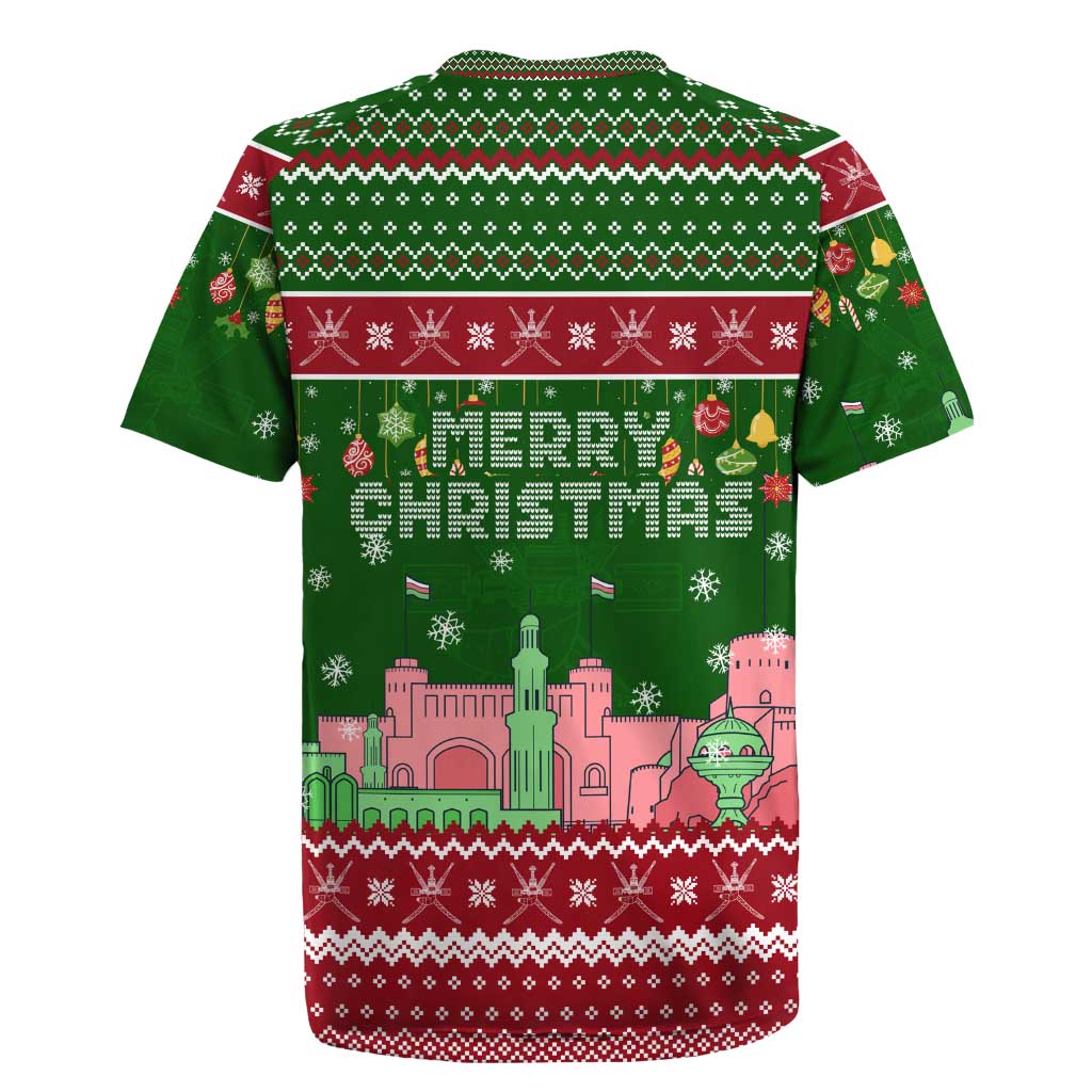 Oman Christmas Rugby Jersey with Green-Red Pattern, Mosque and Fort Landmarks, and Festive Ornament Motif - Wonder Print Shop