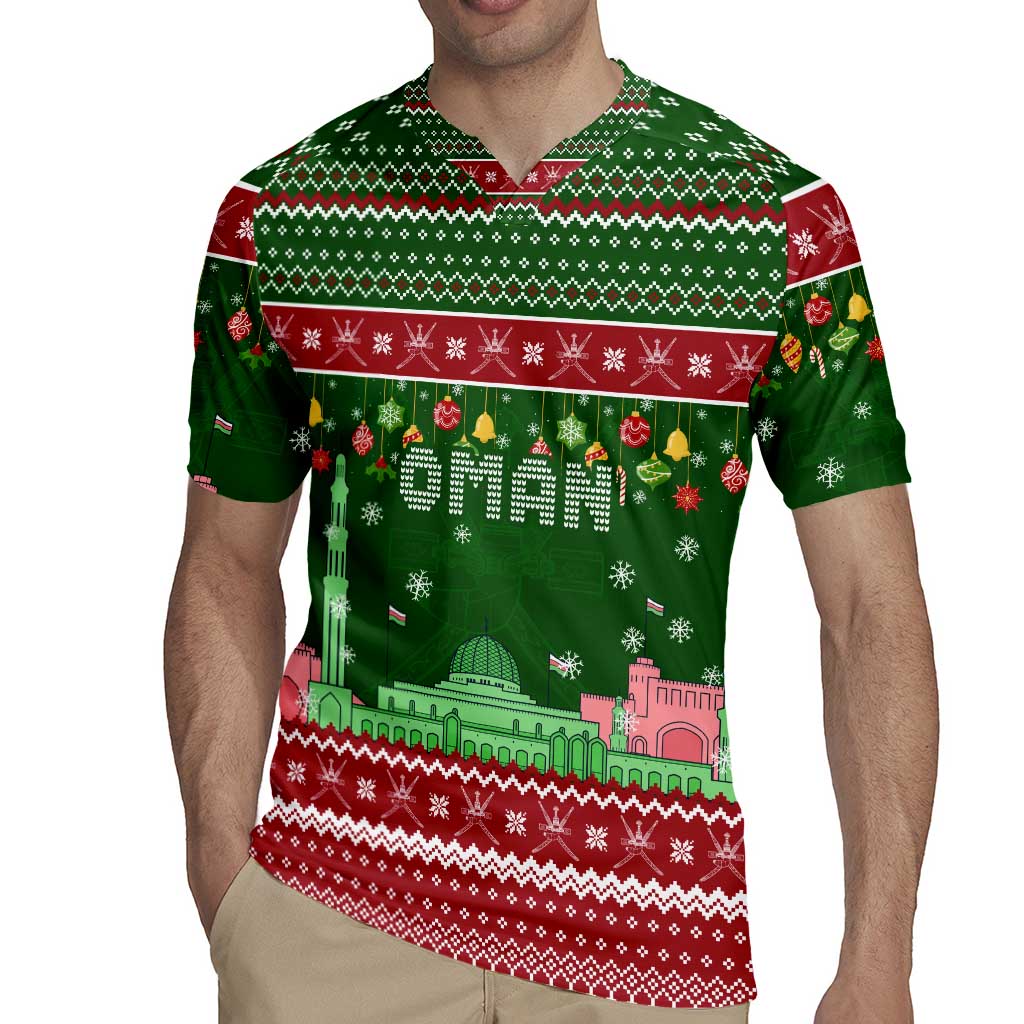 Oman Christmas Rugby Jersey with Green-Red Pattern, Mosque and Fort Landmarks, and Festive Ornament Motif - Wonder Print Shop