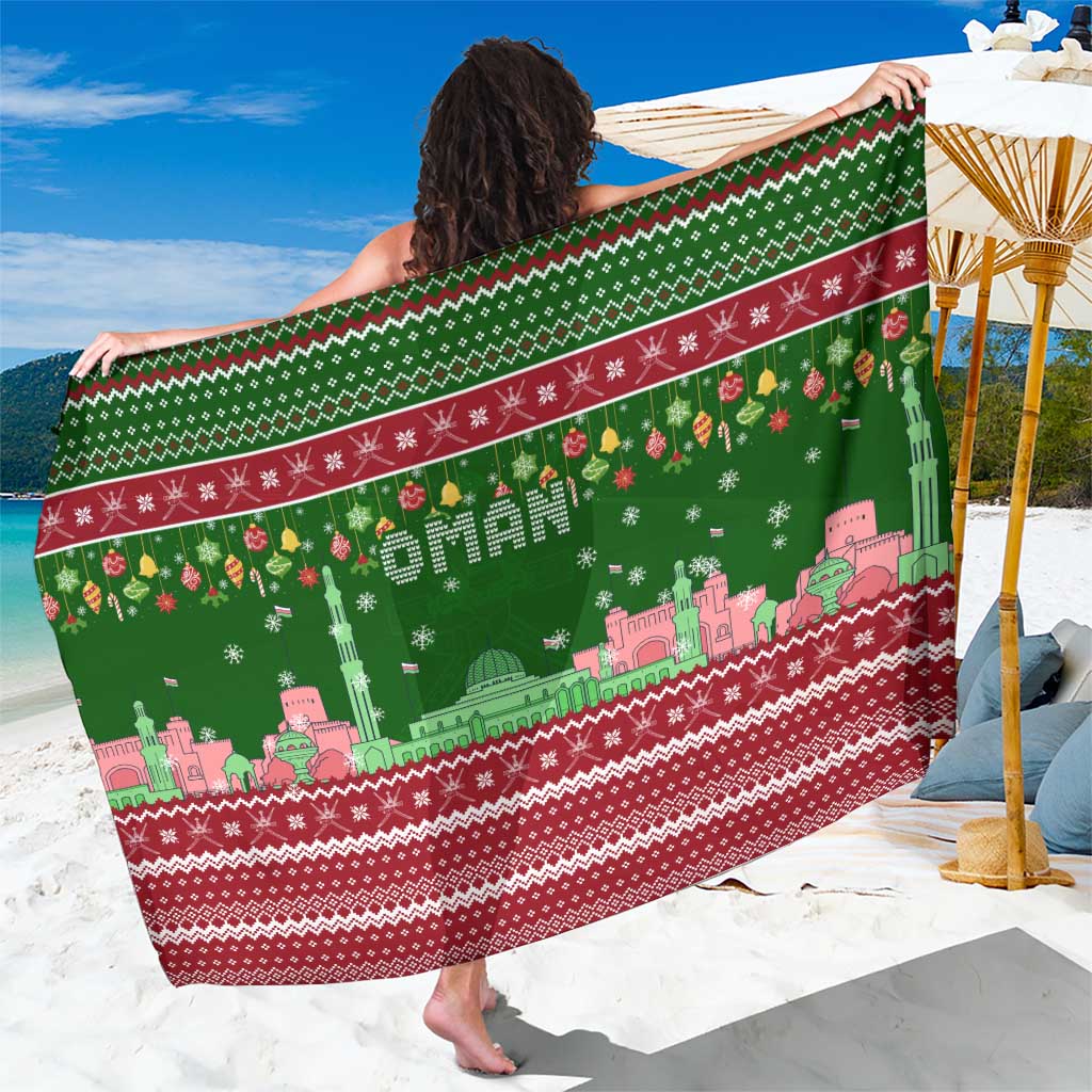 Oman Christmas Sarong with Green-Red Pattern, Mosque and Fort Landmarks, and Festive Ornament Motif - Wonder Print Shop