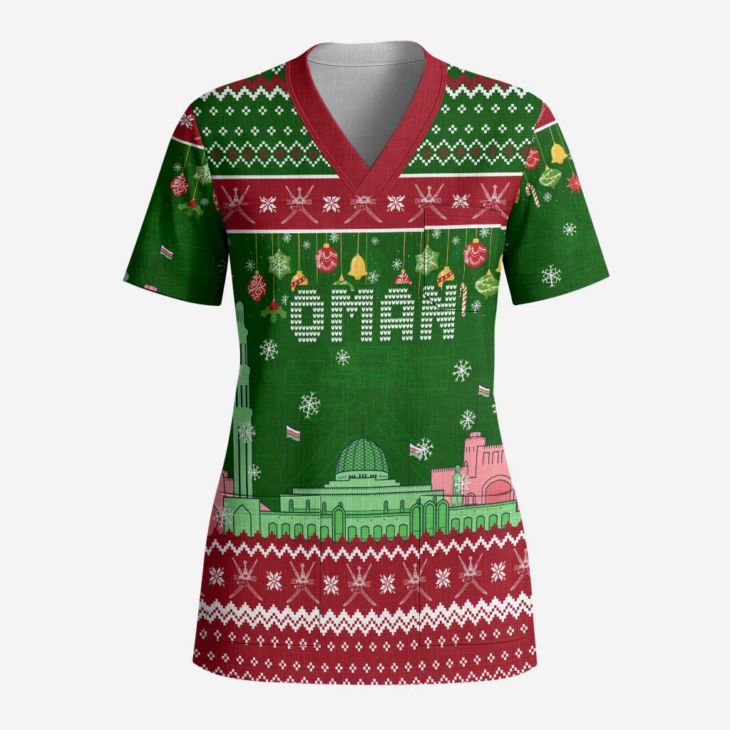 Oman Christmas Scrub Top with Green-Red Pattern, Mosque and Fort Landmarks, and Festive Ornament Motif - Wonder Print Shop