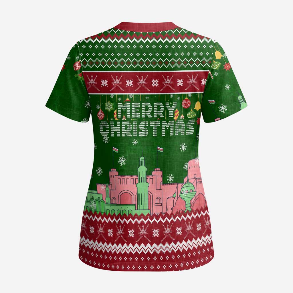 Oman Christmas Scrub Top with Green-Red Pattern, Mosque and Fort Landmarks, and Festive Ornament Motif - Wonder Print Shop