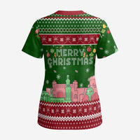 Oman Christmas Scrub Top with Green-Red Pattern, Mosque and Fort Landmarks, and Festive Ornament Motif - Wonder Print Shop