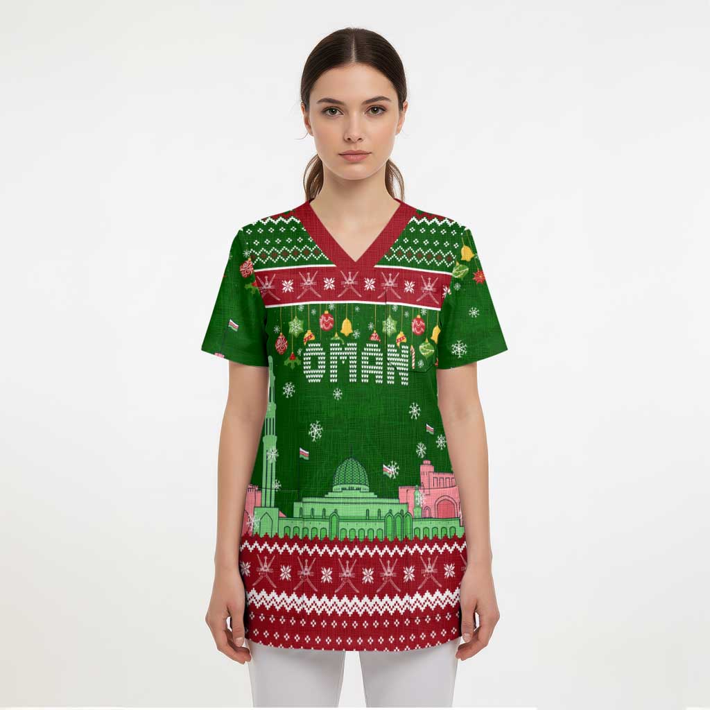 Oman Christmas Scrub Top with Green-Red Pattern, Mosque and Fort Landmarks, and Festive Ornament Motif - Wonder Print Shop