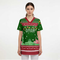 Oman Christmas Scrub Top with Green-Red Pattern, Mosque and Fort Landmarks, and Festive Ornament Motif - Wonder Print Shop