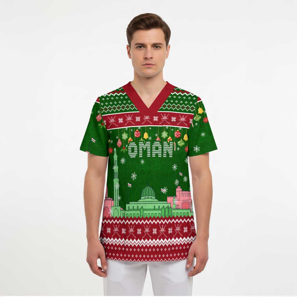 Oman Christmas Scrub Top with Green-Red Pattern, Mosque and Fort Landmarks, and Festive Ornament Motif - Wonder Print Shop