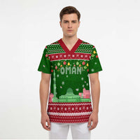 Oman Christmas Scrub Top with Green-Red Pattern, Mosque and Fort Landmarks, and Festive Ornament Motif - Wonder Print Shop