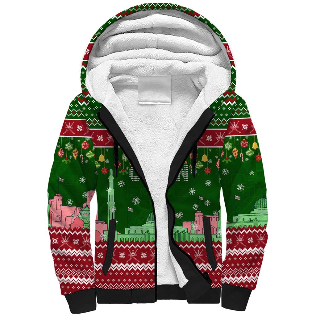 Oman Christmas Sherpa Hoodie with Green-Red Pattern, Mosque and Fort Landmarks, and Festive Ornament Motif - Wonder Print Shop