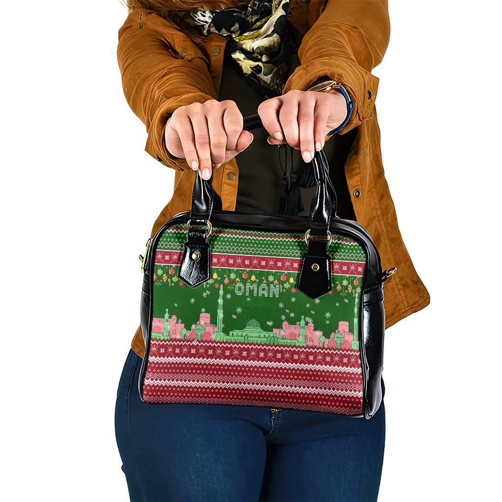 Oman Christmas Shoulder Handbag with Green-Red Pattern, Mosque and Fort Landmarks, and Festive Ornament Motif - Wonder Print Shop