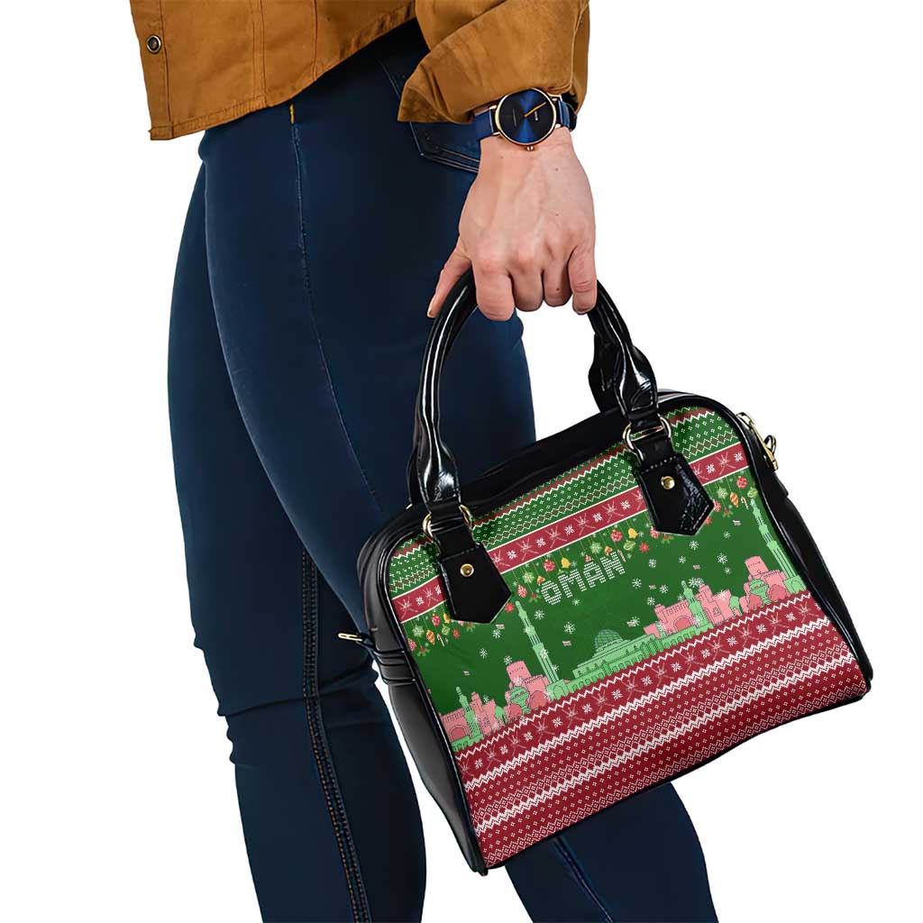 Oman Christmas Shoulder Handbag with Green-Red Pattern, Mosque and Fort Landmarks, and Festive Ornament Motif - Wonder Print Shop