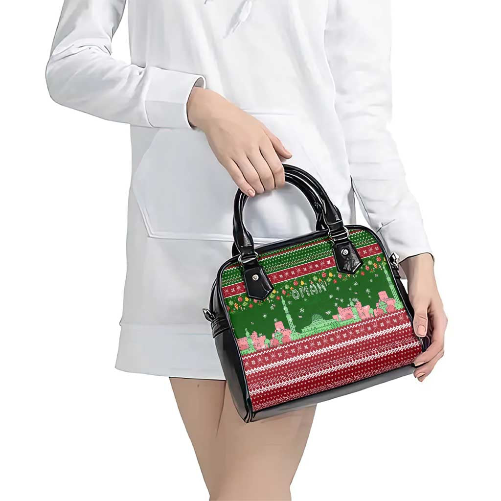 Oman Christmas Shoulder Handbag with Green-Red Pattern, Mosque and Fort Landmarks, and Festive Ornament Motif - Wonder Print Shop