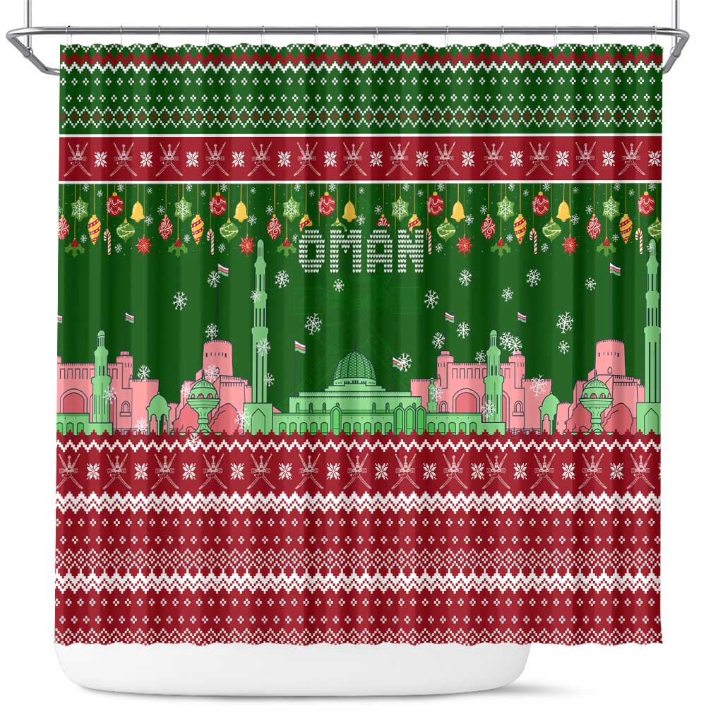 Oman Christmas Shower Curtain with Green-Red Pattern, Mosque and Fort Landmarks, and Festive Ornament Motif - Wonder Print Shop