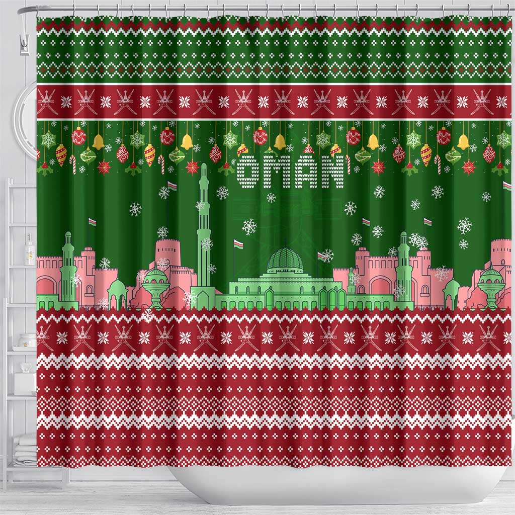 Oman Christmas Shower Curtain with Green-Red Pattern, Mosque and Fort Landmarks, and Festive Ornament Motif - Wonder Print Shop
