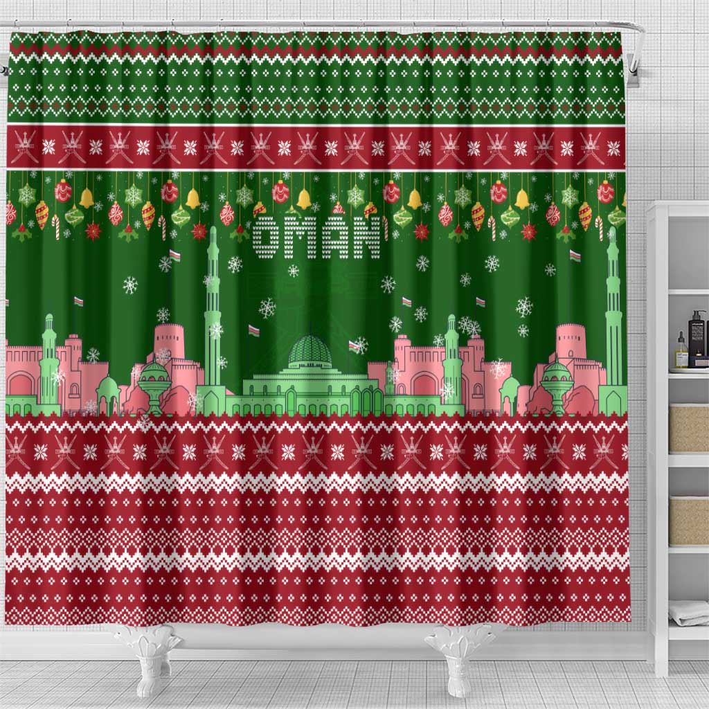 Oman Christmas Shower Curtain with Green-Red Pattern, Mosque and Fort Landmarks, and Festive Ornament Motif - Wonder Print Shop