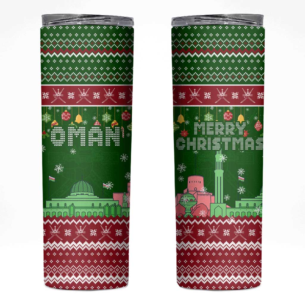 Oman Christmas Skinny Tumbler with Green-Red Pattern, Mosque and Fort Landmarks, and Festive Ornament Motif - Wonder Print Shop