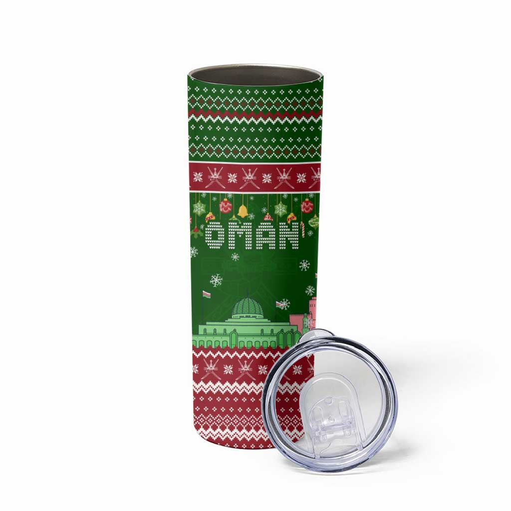 Oman Christmas Skinny Tumbler with Green-Red Pattern, Mosque and Fort Landmarks, and Festive Ornament Motif - Wonder Print Shop