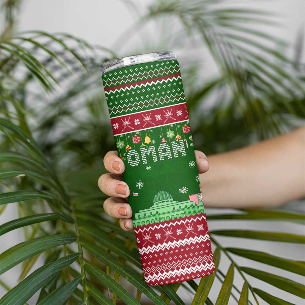 Oman Christmas Skinny Tumbler with Green-Red Pattern, Mosque and Fort Landmarks, and Festive Ornament Motif - Wonder Print Shop