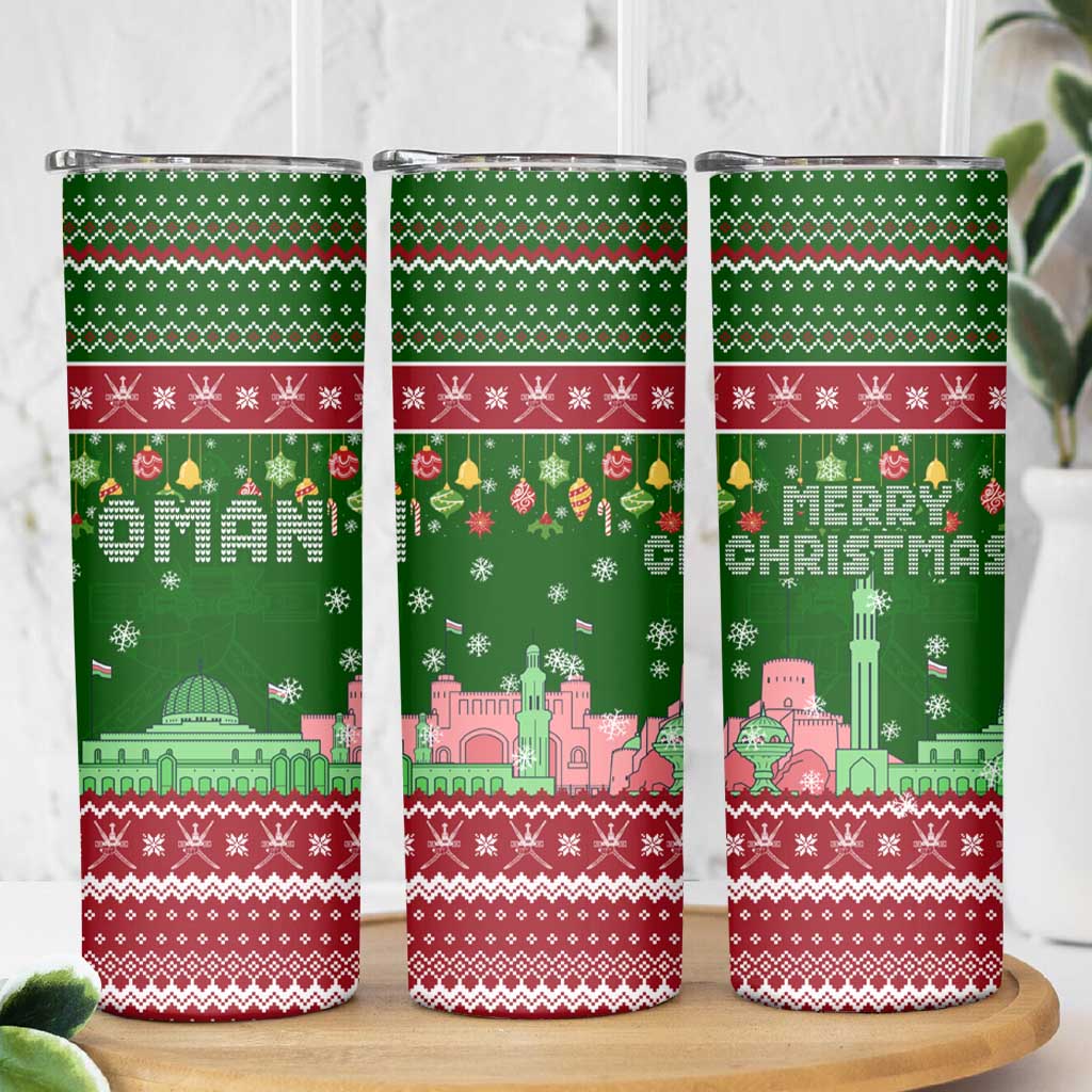 Oman Christmas Skinny Tumbler with Green-Red Pattern, Mosque and Fort Landmarks, and Festive Ornament Motif - Wonder Print Shop