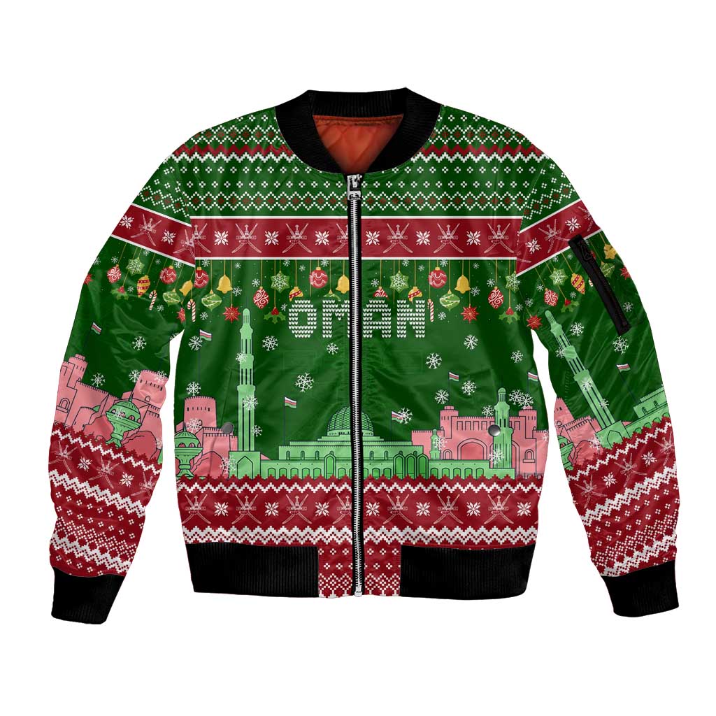 Oman Christmas Sleeve Zip Bomber Jacket with Green-Red Pattern, Mosque and Fort Landmarks, and Festive Ornament Motif - Wonder Print Shop