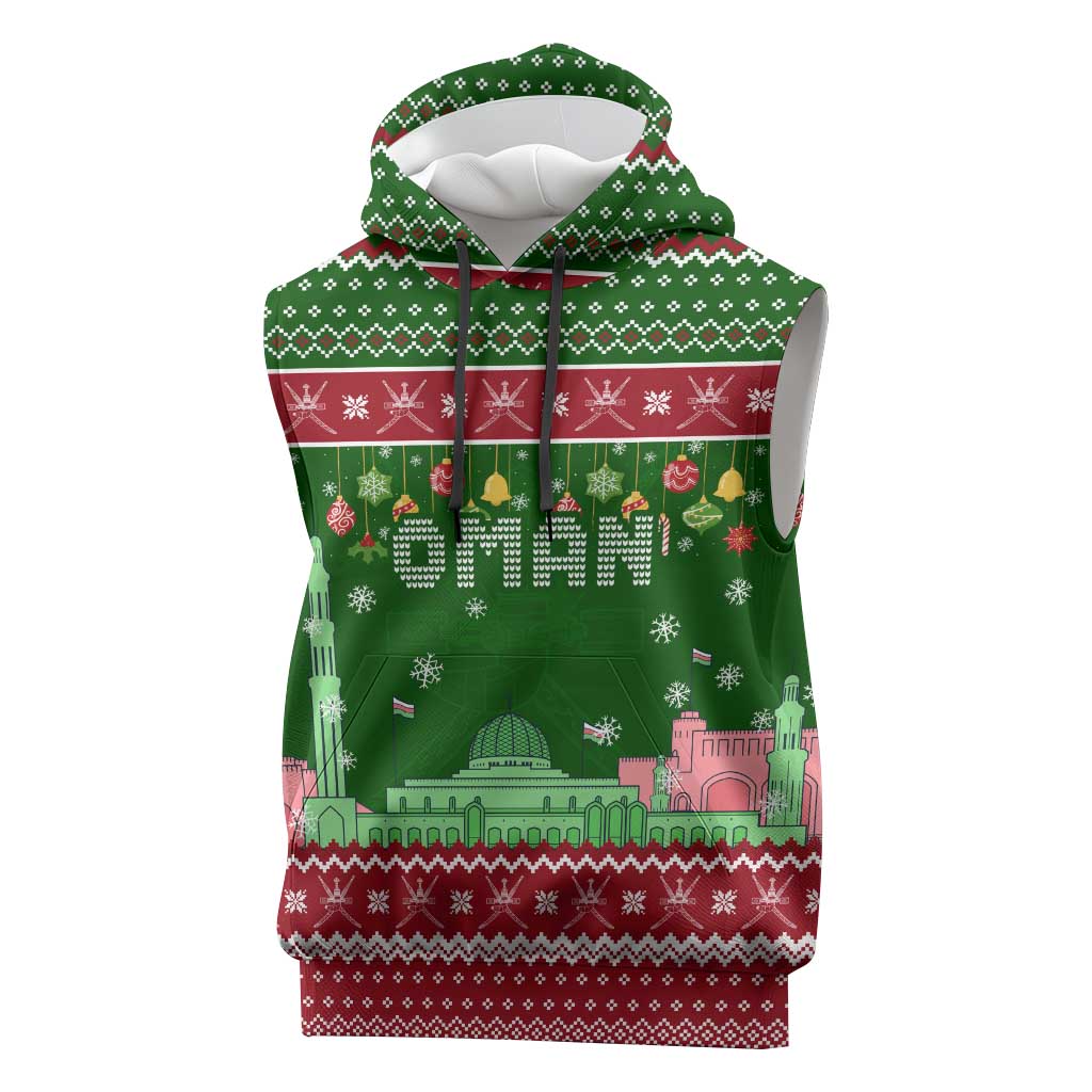 Oman Christmas Sleeveless Hoodie with Green-Red Pattern, Mosque and Fort Landmarks, and Festive Ornament Motif - Wonder Print Shop