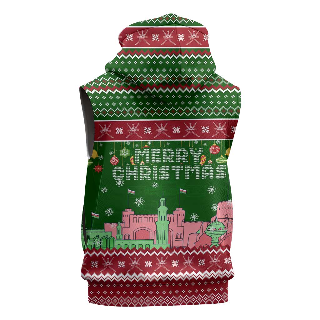 Oman Christmas Sleeveless Hoodie with Green-Red Pattern, Mosque and Fort Landmarks, and Festive Ornament Motif - Wonder Print Shop