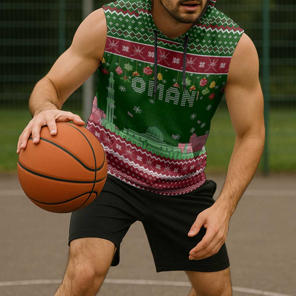 Oman Christmas Sleeveless Hoodie with Green-Red Pattern, Mosque and Fort Landmarks, and Festive Ornament Motif - Wonder Print Shop