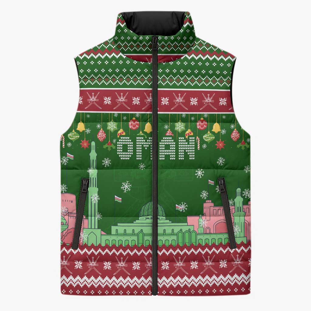 Oman Christmas Sleeveless Puffer Jacket with Green-Red Pattern, Mosque and Fort Landmarks, and Festive Ornament Motif - Wonder Print Shop
