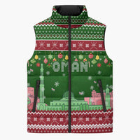 Oman Christmas Sleeveless Puffer Jacket with Green-Red Pattern, Mosque and Fort Landmarks, and Festive Ornament Motif - Wonder Print Shop