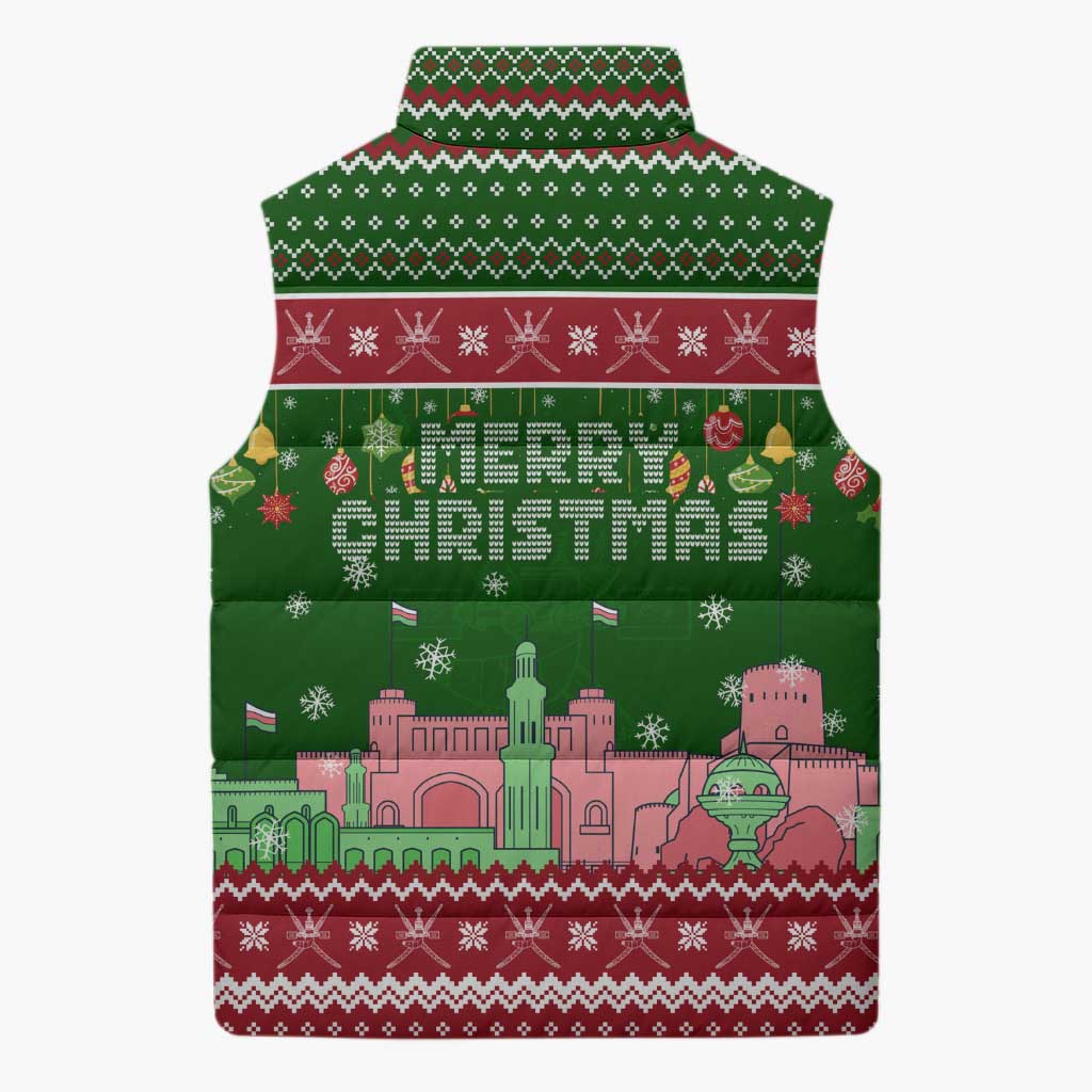 Oman Christmas Sleeveless Puffer Jacket with Green-Red Pattern, Mosque and Fort Landmarks, and Festive Ornament Motif - Wonder Print Shop