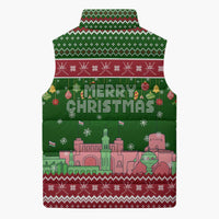 Oman Christmas Sleeveless Puffer Jacket with Green-Red Pattern, Mosque and Fort Landmarks, and Festive Ornament Motif - Wonder Print Shop