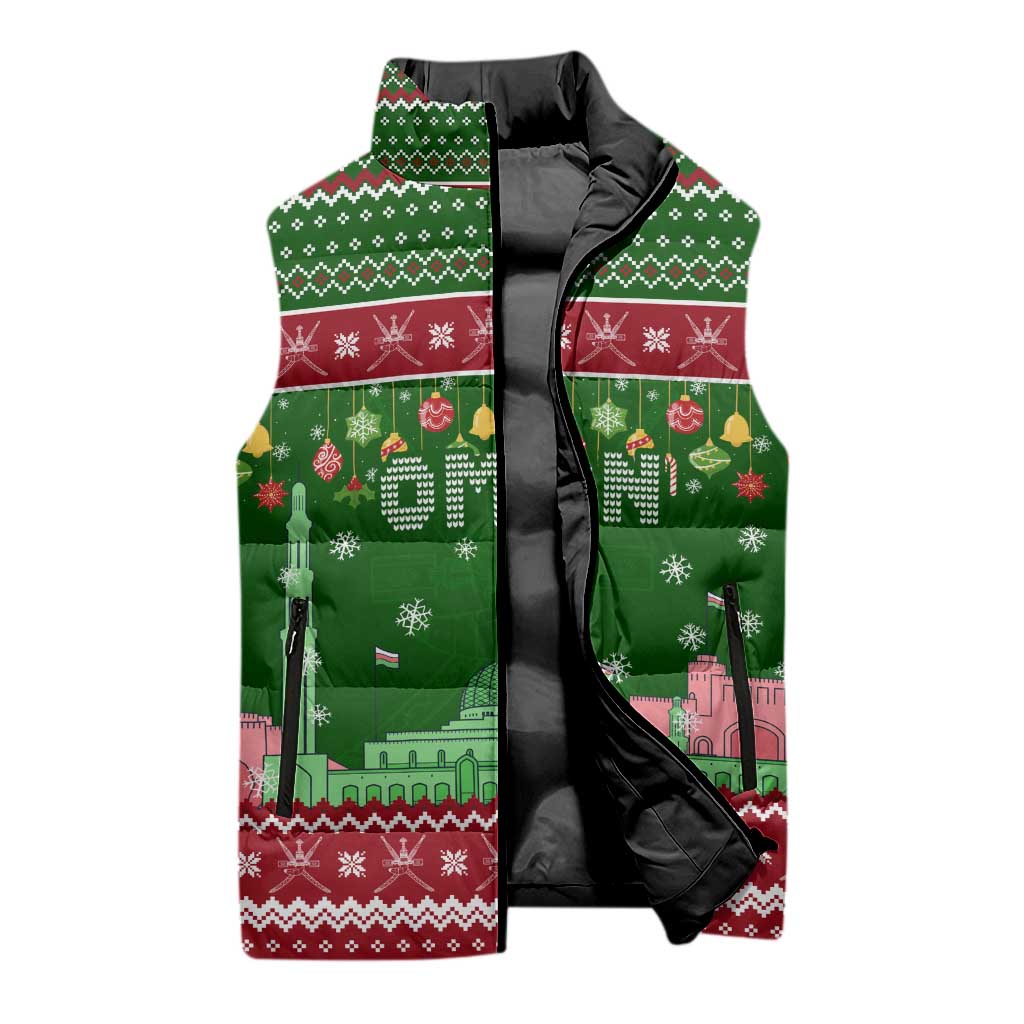 Oman Christmas Sleeveless Puffer Jacket with Green-Red Pattern, Mosque and Fort Landmarks, and Festive Ornament Motif - Wonder Print Shop