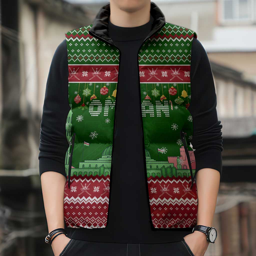 Oman Christmas Sleeveless Puffer Jacket with Green-Red Pattern, Mosque and Fort Landmarks, and Festive Ornament Motif - Wonder Print Shop