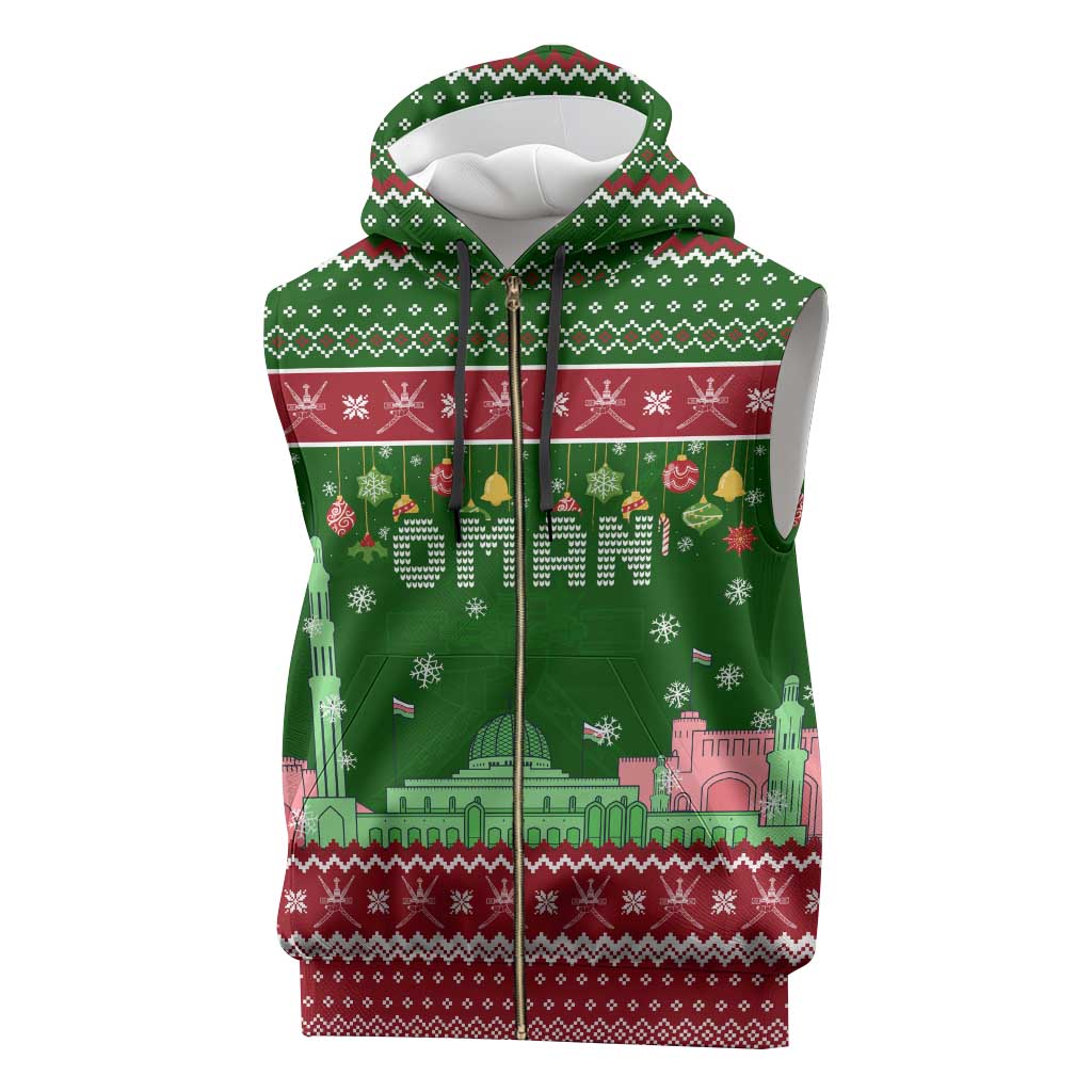 Oman Christmas Sleeveless Zip Hoodie with Green-Red Pattern, Mosque and Fort Landmarks, and Festive Ornament Motif - Wonder Print Shop