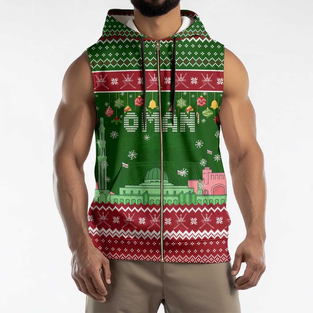 Oman Christmas Sleeveless Zip Hoodie with Green-Red Pattern, Mosque and Fort Landmarks, and Festive Ornament Motif - Wonder Print Shop