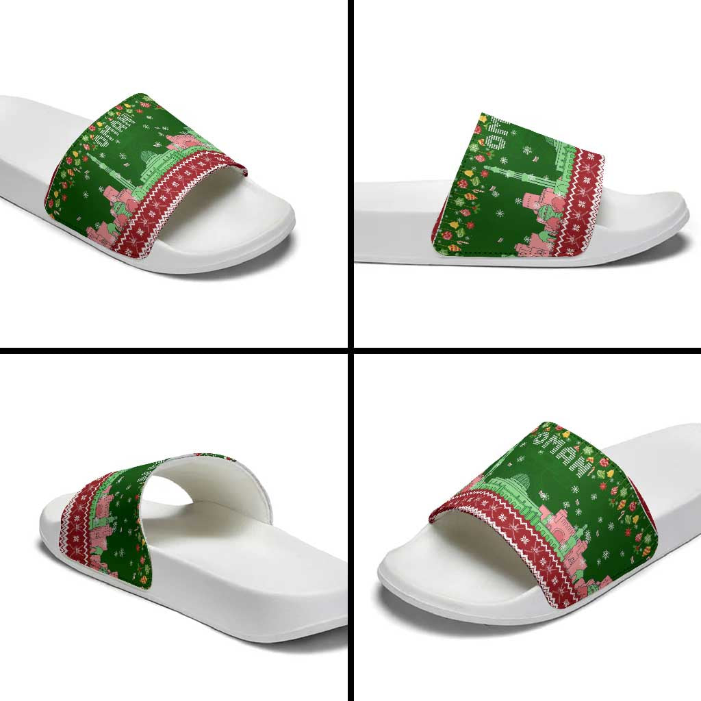 Oman Christmas Slide Sandals with Green-Red Pattern, Mosque and Fort Landmarks, and Festive Ornament Motif - Wonder Print Shop