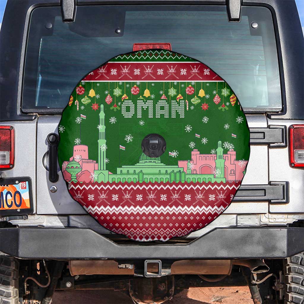 Oman Christmas Spare Tire Cover with Green-Red Pattern, Mosque and Fort Landmarks, and Festive Ornament Motif - Wonder Print Shop