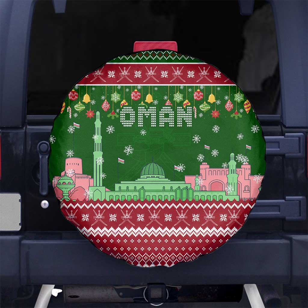 Oman Christmas Spare Tire Cover with Green-Red Pattern, Mosque and Fort Landmarks, and Festive Ornament Motif - Wonder Print Shop