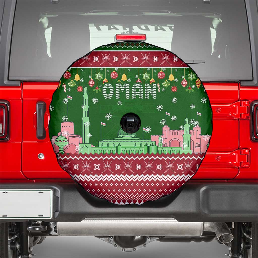 Oman Christmas Spare Tire Cover with Green-Red Pattern, Mosque and Fort Landmarks, and Festive Ornament Motif - Wonder Print Shop