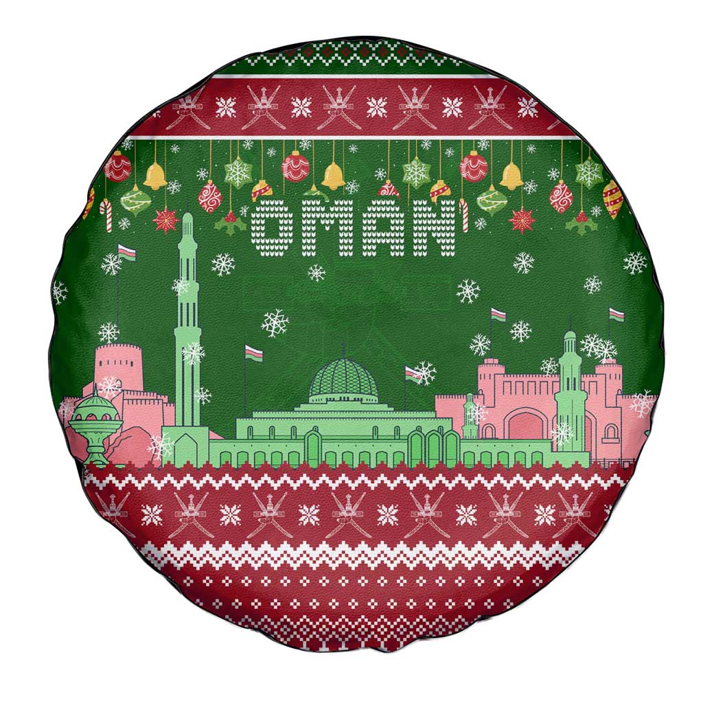Oman Christmas Spare Tire Cover with Green-Red Pattern, Mosque and Fort Landmarks, and Festive Ornament Motif - Wonder Print Shop