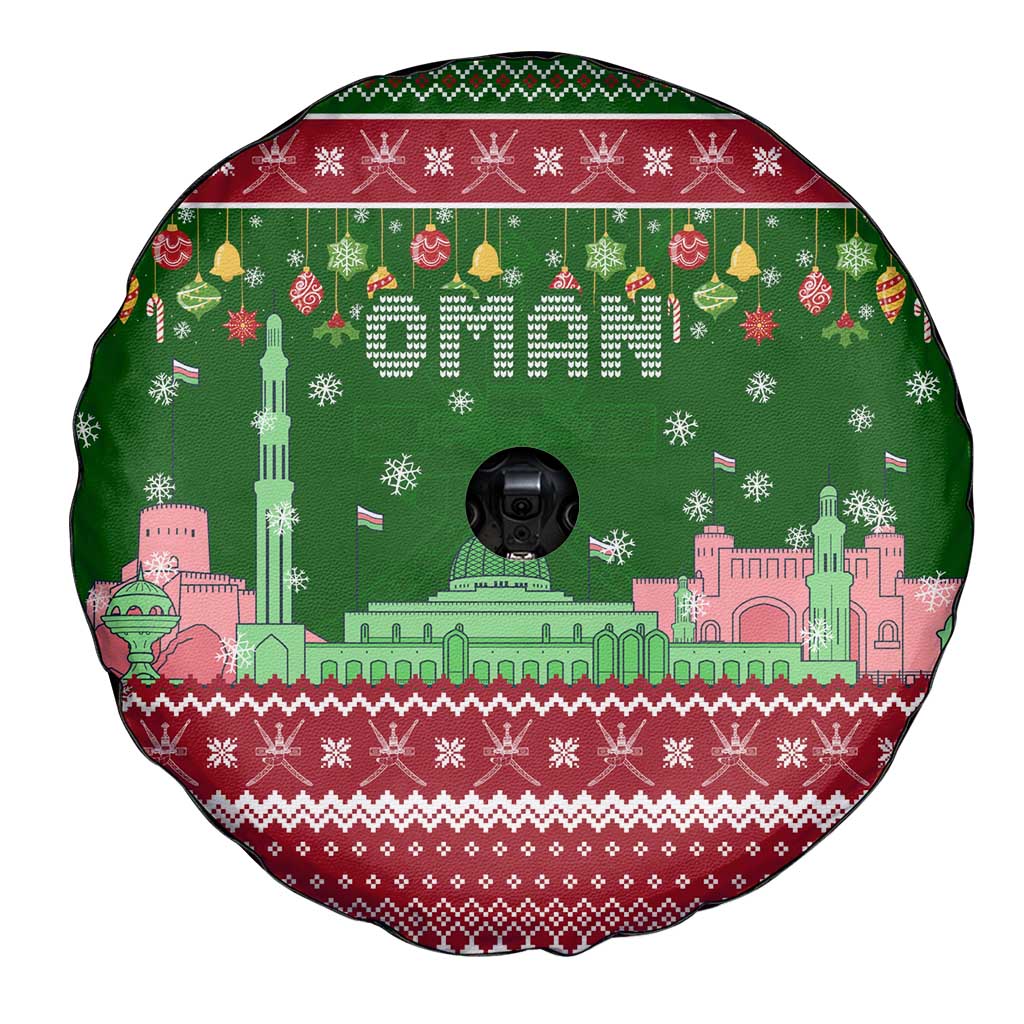 Oman Christmas Spare Tire Cover with Green-Red Pattern, Mosque and Fort Landmarks, and Festive Ornament Motif - Wonder Print Shop