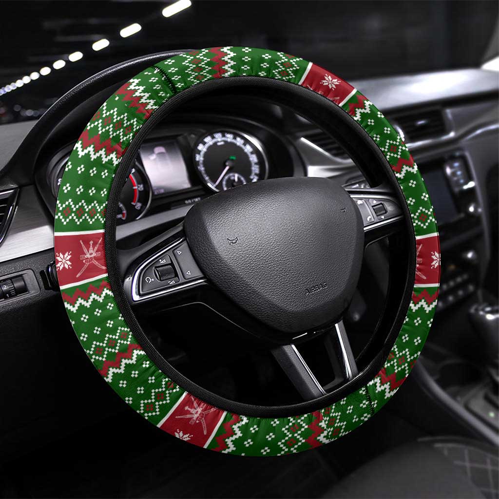 Oman Christmas Steering Wheel Cover with Green-Red Pattern, Mosque and Fort Landmarks, and Festive Ornament Motif - Wonder Print Shop