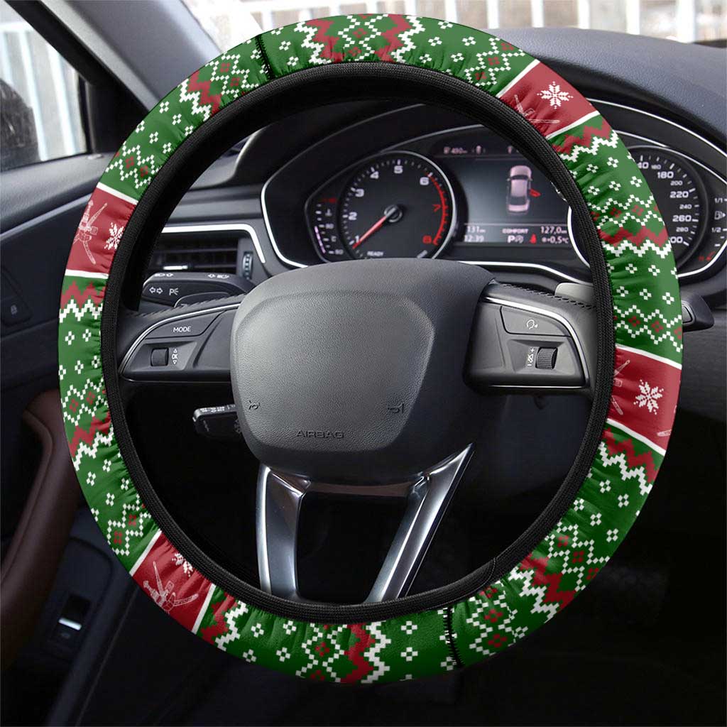 Oman Christmas Steering Wheel Cover with Green-Red Pattern, Mosque and Fort Landmarks, and Festive Ornament Motif - Wonder Print Shop