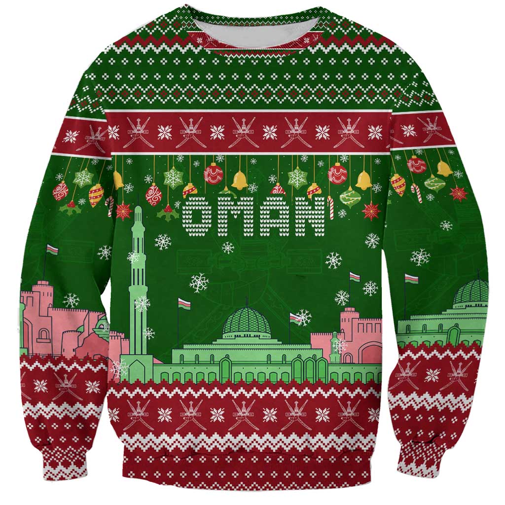Oman Christmas Sweatshirt with Green-Red Pattern, Mosque and Fort Landmarks, and Festive Ornament Motif - Wonder Print Shop