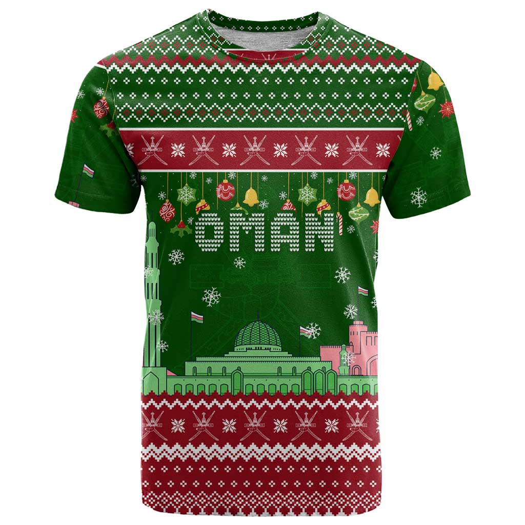 Oman Christmas T Shirt with Green-Red Pattern, Mosque and Fort Landmarks, and Festive Ornament Motif - Wonder Print Shop