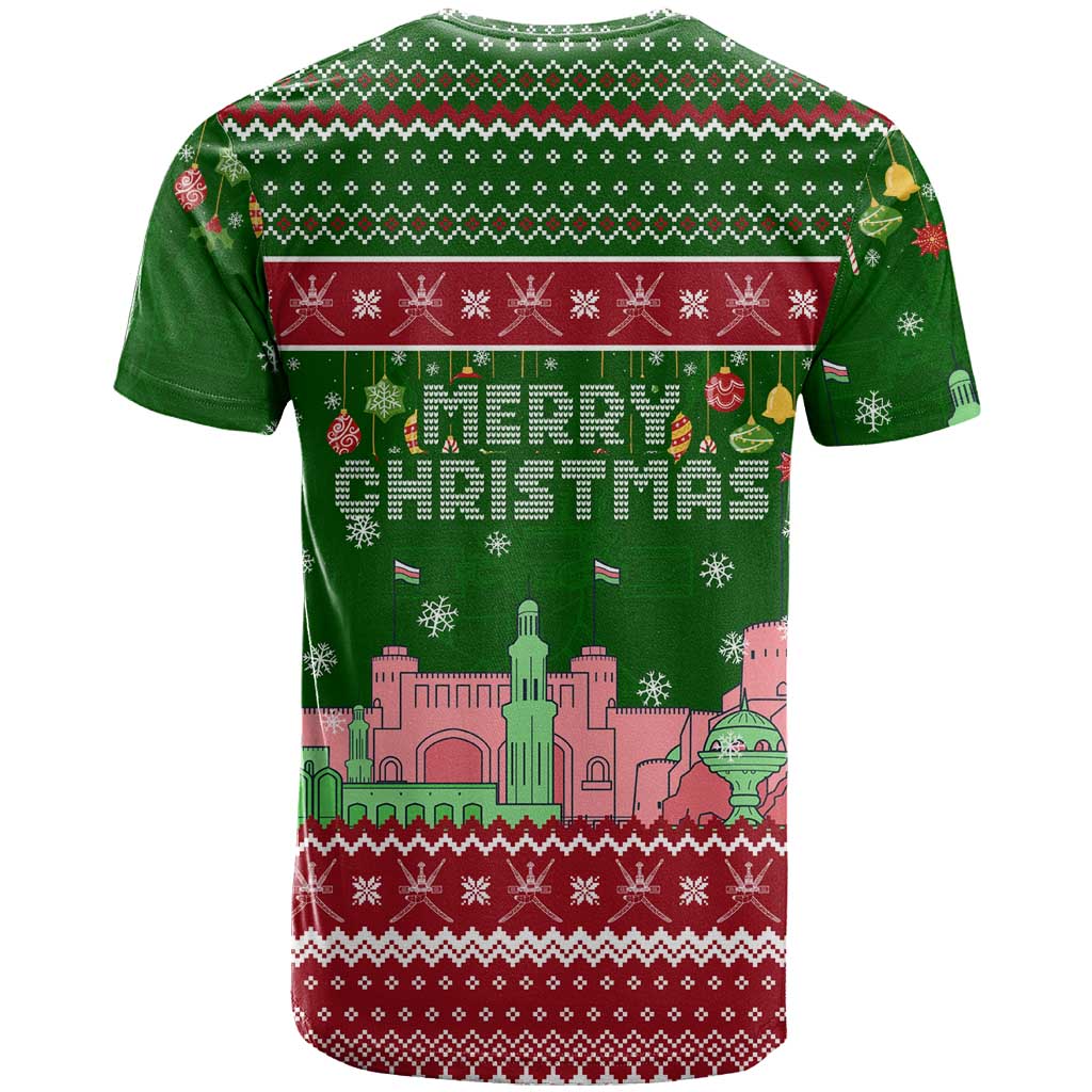 Oman Christmas T Shirt with Green-Red Pattern, Mosque and Fort Landmarks, and Festive Ornament Motif - Wonder Print Shop