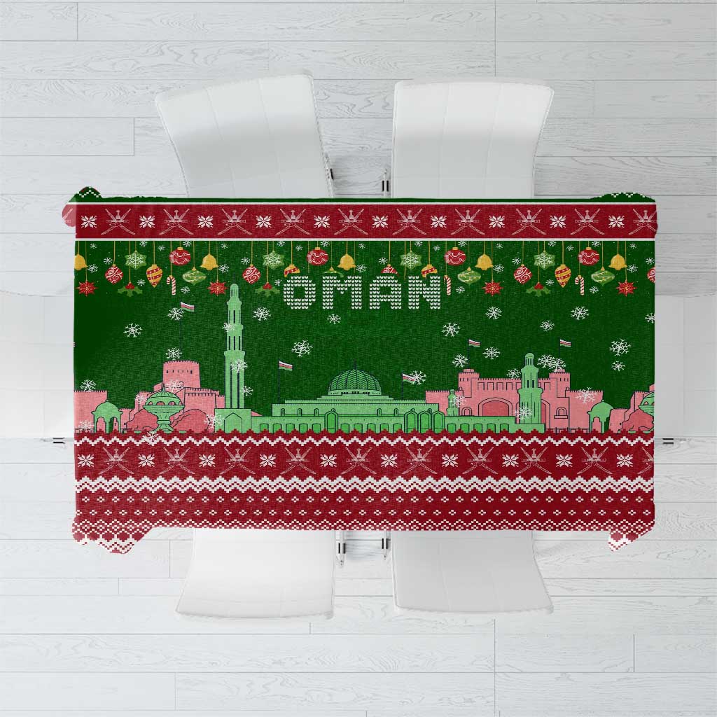 Oman Christmas Tablecloth with Green-Red Pattern, Mosque and Fort Landmarks, and Festive Ornament Motif - Wonder Print Shop