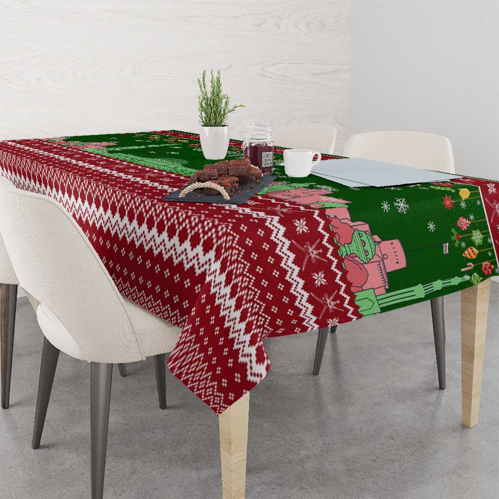 Oman Christmas Tablecloth with Green-Red Pattern, Mosque and Fort Landmarks, and Festive Ornament Motif - Wonder Print Shop