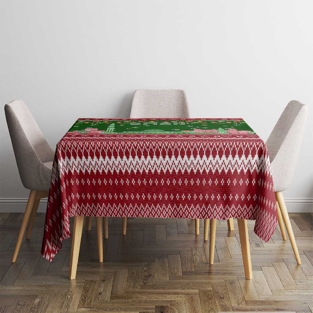Oman Christmas Tablecloth with Green-Red Pattern, Mosque and Fort Landmarks, and Festive Ornament Motif - Wonder Print Shop