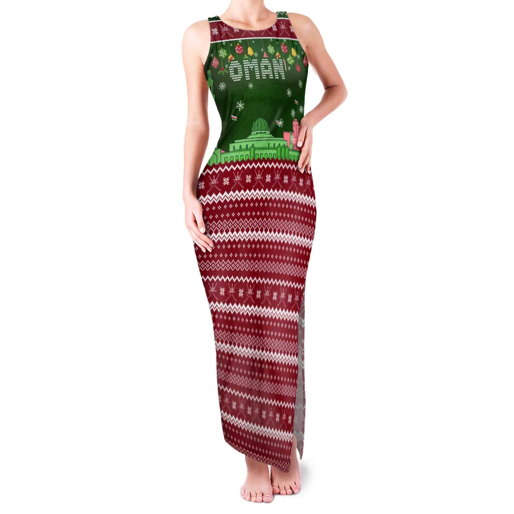 Oman Christmas Tank Maxi Dress with Green-Red Pattern, Mosque and Fort Landmarks, and Festive Ornament Motif - Wonder Print Shop