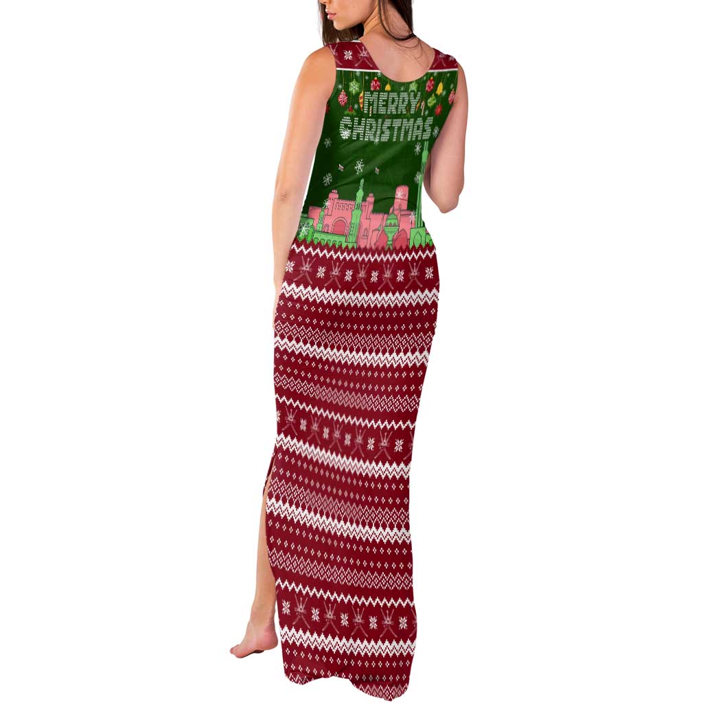 Oman Christmas Tank Maxi Dress with Green-Red Pattern, Mosque and Fort Landmarks, and Festive Ornament Motif - Wonder Print Shop